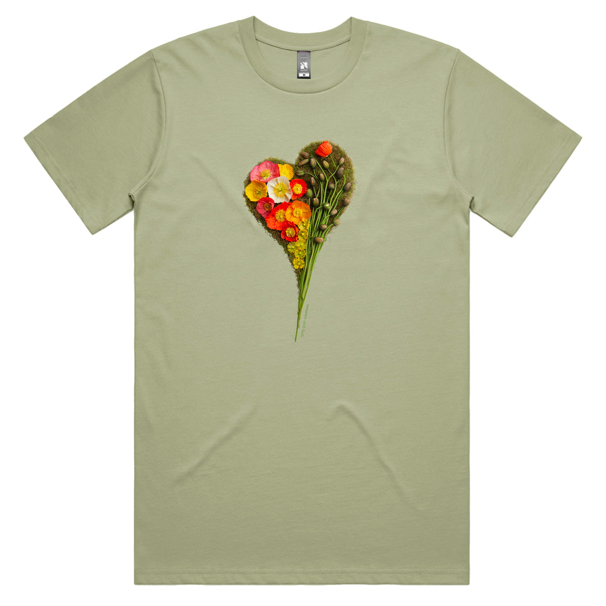 A poppy heart pistachio coloured men's tee shirt from Golly Gosh Creations. Crafted from colourful wild flowers Sizes S - 5XL. Quality cotton. 