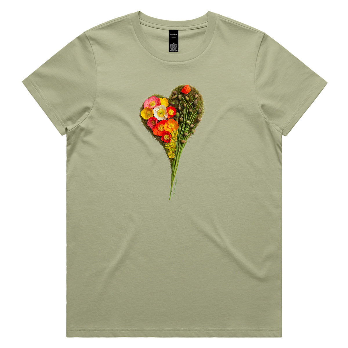 A poppy heart pistachio coloured woman's tee shirt from Golly Gosh Creations. Handcrafted from vibrant fresh flowers. Sizes XS - 2XL. Quality cotton.
