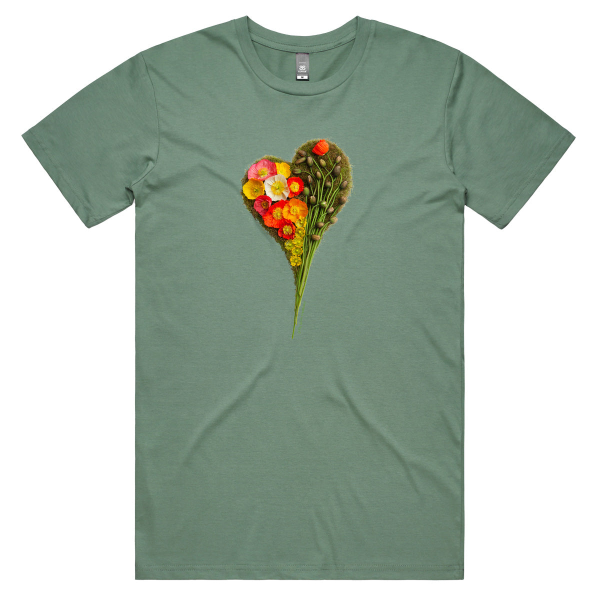 A poppy heart sage coloured men's tee shirt from Golly Gosh Creations. Crafted from colourful wild flowers. Sizes S - 5XL. Quality cotton. 