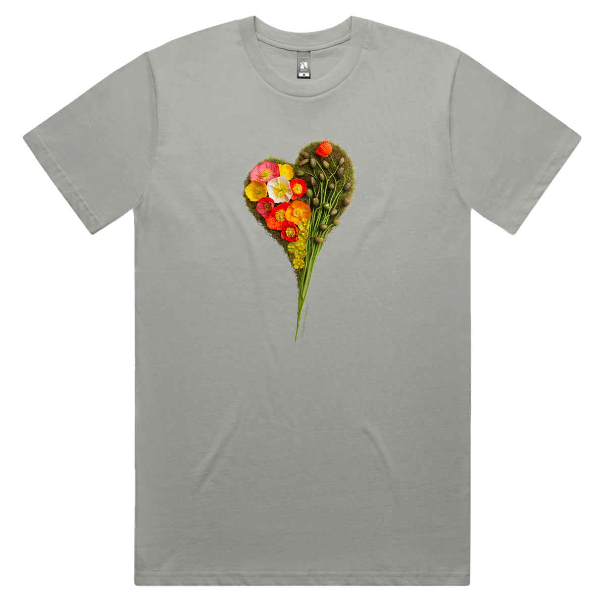 A poppy heart grey men's tee shirt from Golly Gosh Creations.Crafted from colourful wild flowers. Sizes S - 5XL. Quality cotton. 