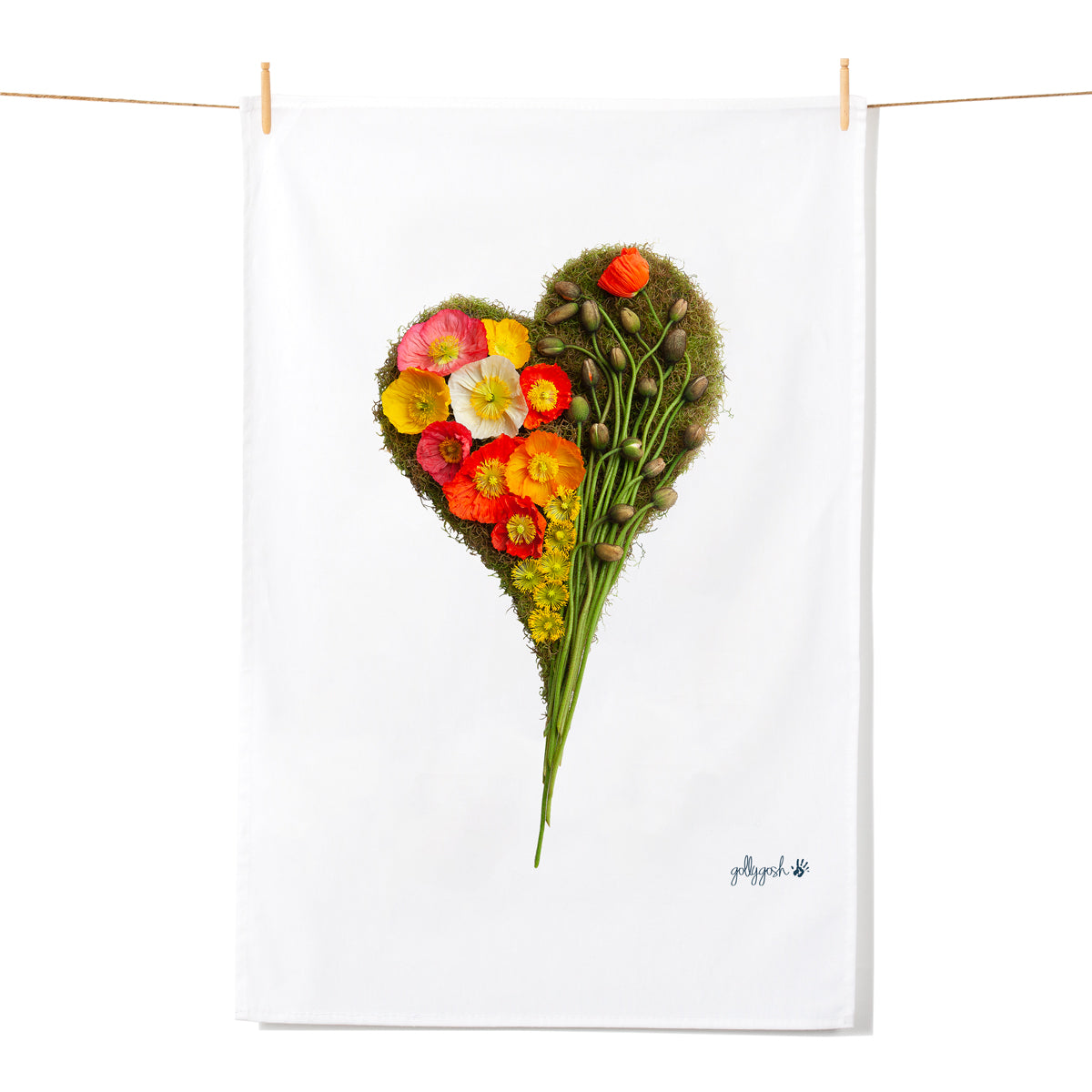 A magnificent heart created from wild poppy flowers. A quality cotton tea towel from Golly Gosh Creations.