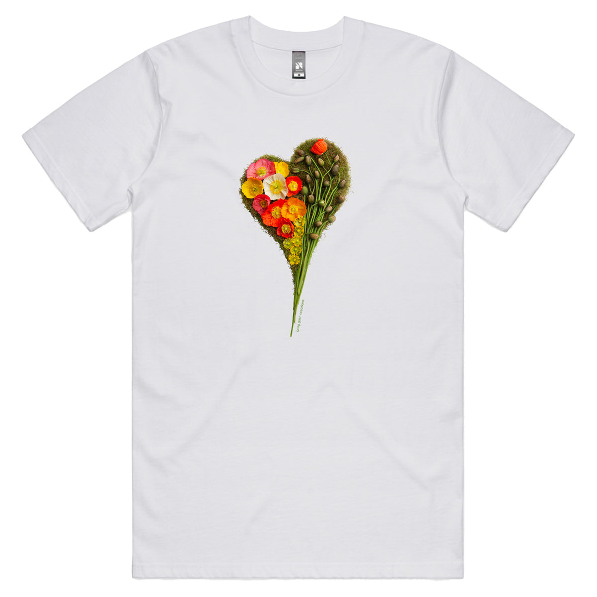 A poppy heart white men's tee shirt from Golly Gosh Creations. Crafted from colourful wild flowers. Sizes S - 5XL. Quality cotton. 