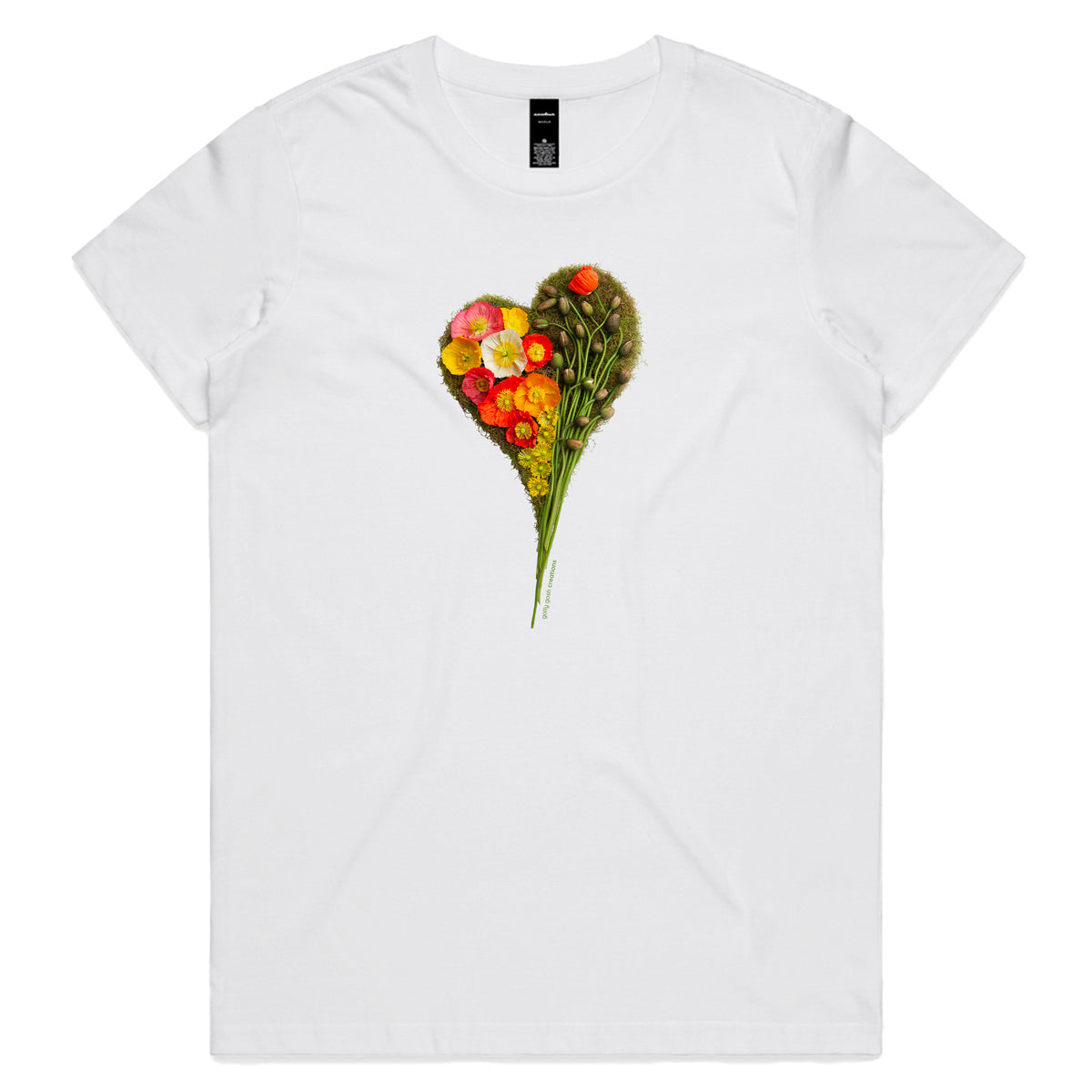A poppy heart white woman's tee shirt from Golly Gosh Creations. Handcrafted from vibrant fresh flowers. Sizes XS - 2XL. Quality cotton.