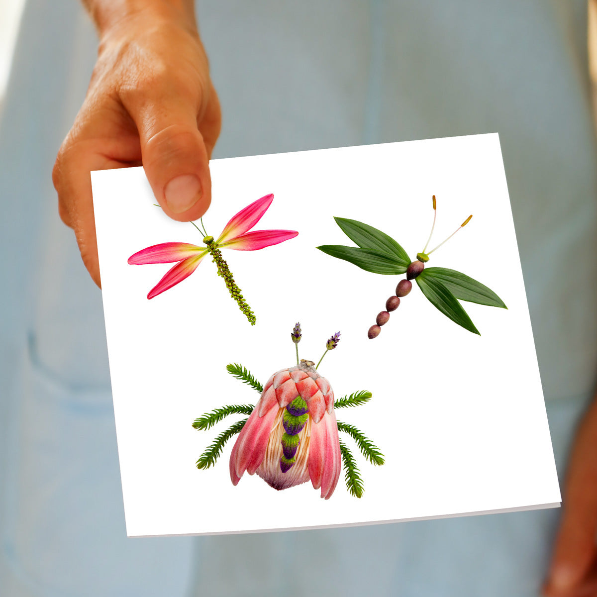 Hand held greeting card featuring a floral bug and dragonflies from Golly Gosh Creations. Created from fresh flowers on a white background. Size 142 x 142 mm