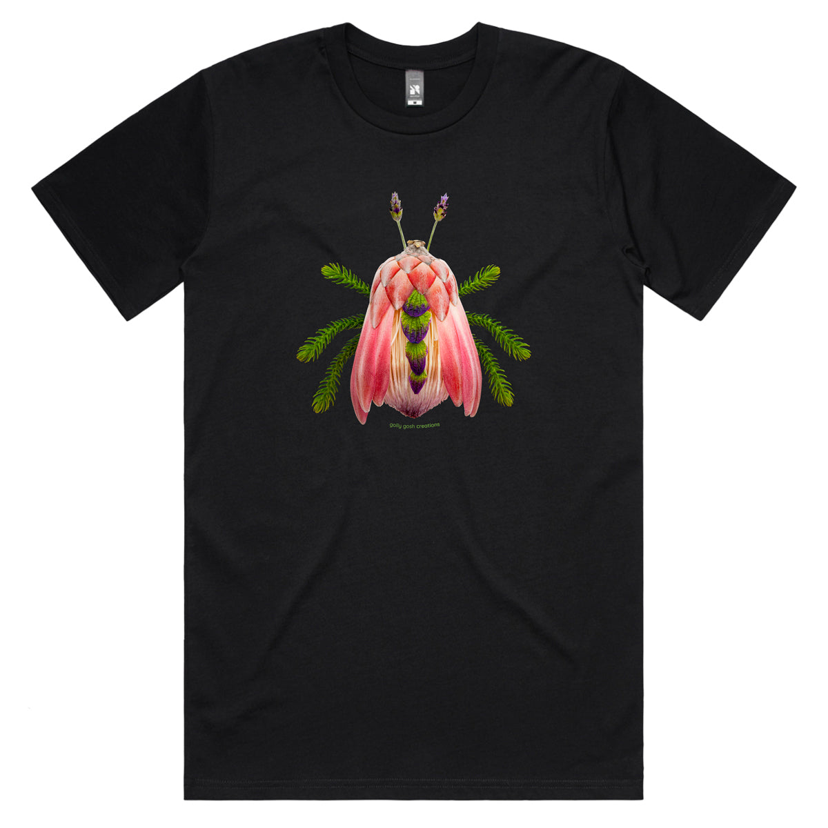 A protea bug men's tee shirt from Golly Gosh Creations. Crafted from colourful elongated petals. Sizes S - 5XL. A quality cotton black tee shirt.