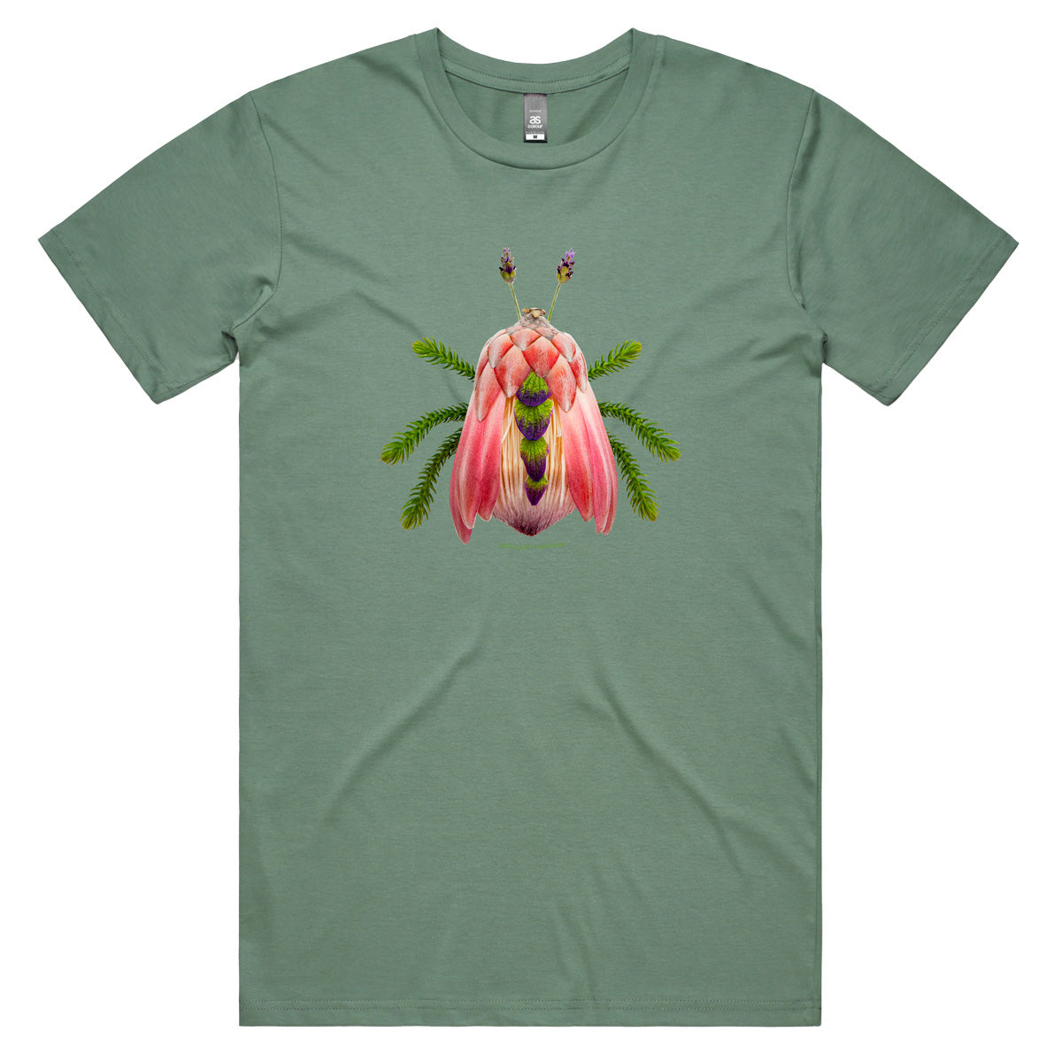A protea bug men's tee shirt from Golly Gosh Creations. Crafted from colourful elongated petals. Sizes S - 5XL. A quality cotton sage coloured tee shirt.