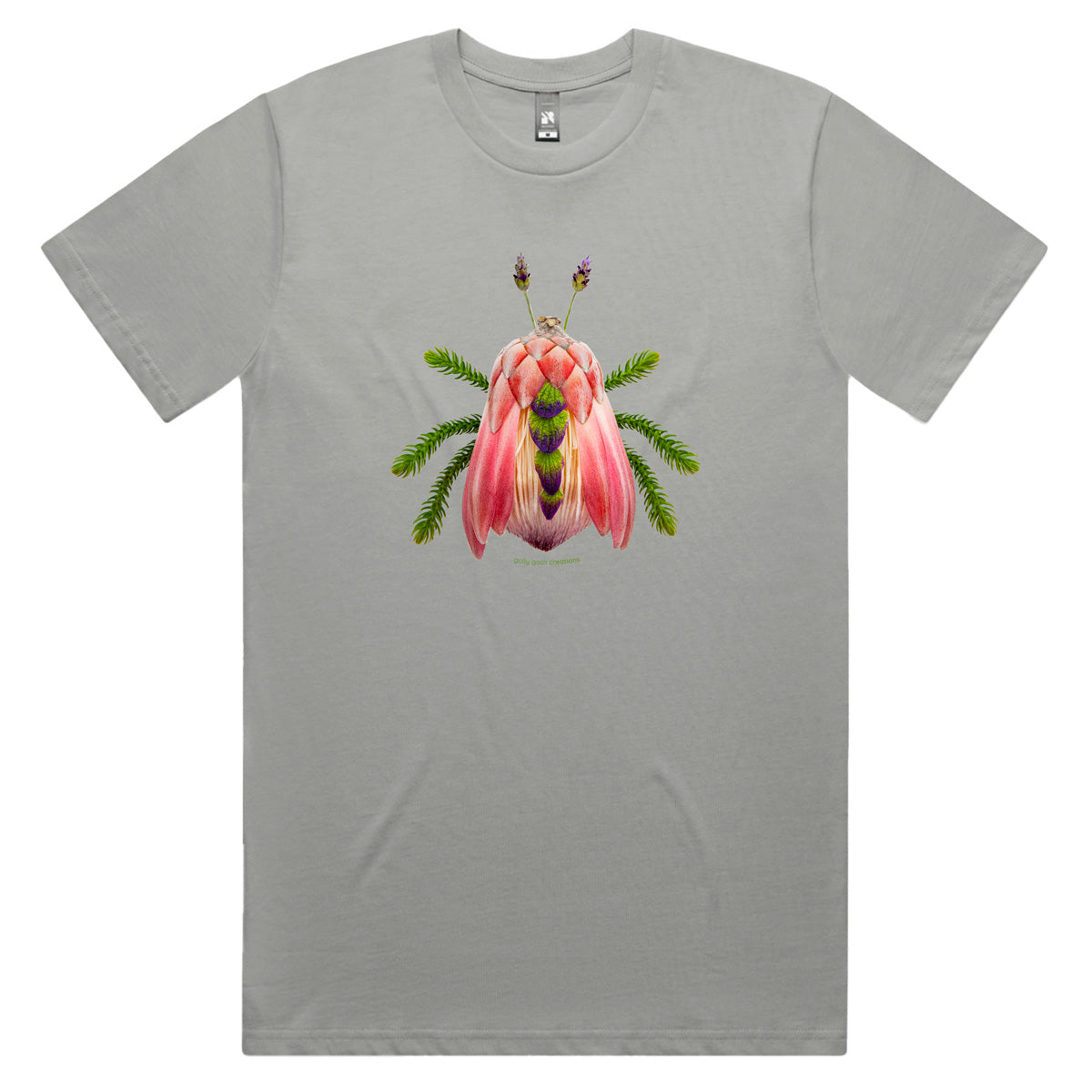 A protea bug men's tee shirt from Golly Gosh Creations. Crafted from colourful elongated petals. Sizes S - 5XL. A quality cotton grey tee shirt.