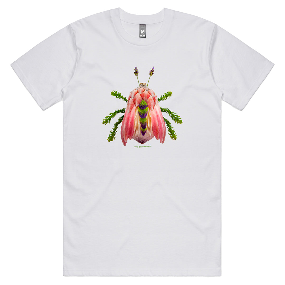A protea bug men's tee shirt from Golly Gosh Creations. Crafted from colourful elongated petals. Sizes S - 5XL. A quality cotton white tee shirt.