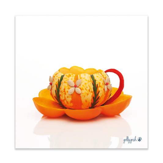 A pumpkin cup fine art print from Golly Gosh Creations. Crafted from rich coloured vegetables. Printed on quality white art paper. Three sizes available.