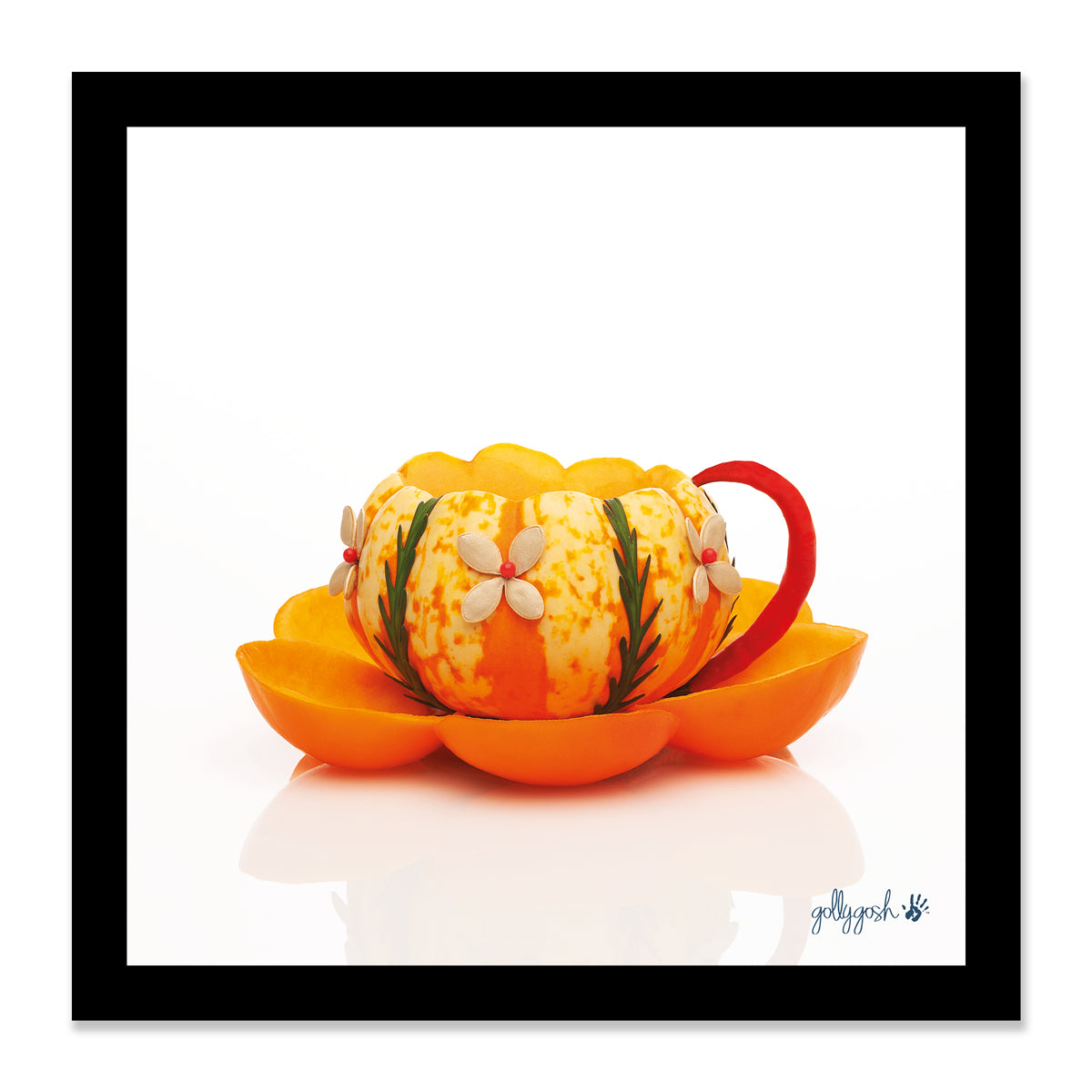 Mock up of a framed pumpkin cup fine art print from Golly Gosh Creations. Available in three sizes ready for framing. 