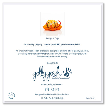 Back of a pumkin cup greeting card from Golly Gosh Creations. Created from bright pumpkin, fruits and seeds with a red chilli handle. Size 142 x 142 mm.