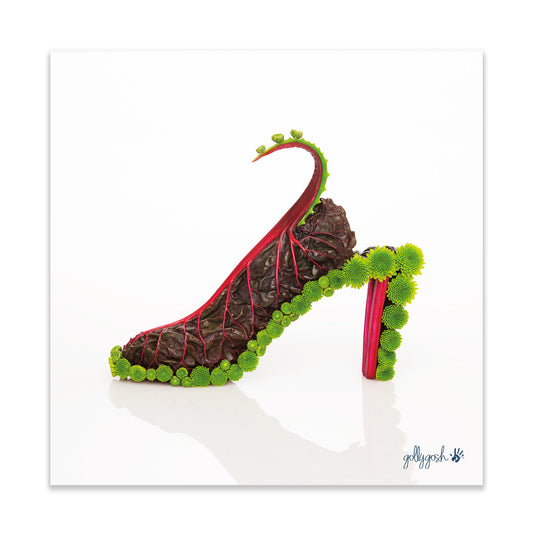 A fed beet shoe fine art print from Golly Gosh Creations. Crafted from vibrant veg and fresh flowers.  Printed on quality white art paper. Three sizes available.