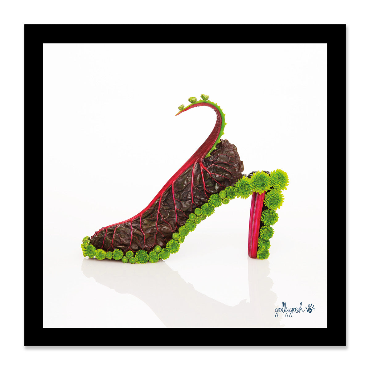 Mock up of a framed red beet shoe fine art print from Golly Gosh Creations. Available in three sizes ready for framing. 
