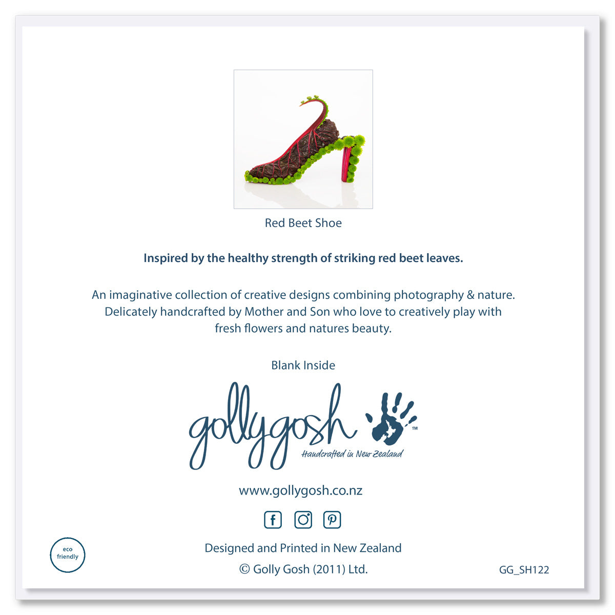 Back cover of a red beet shoe greeting card by Golly Gosh Creations. Size 142 x 142 mm. Created from stunning red beet leaves and dainty green flowers.