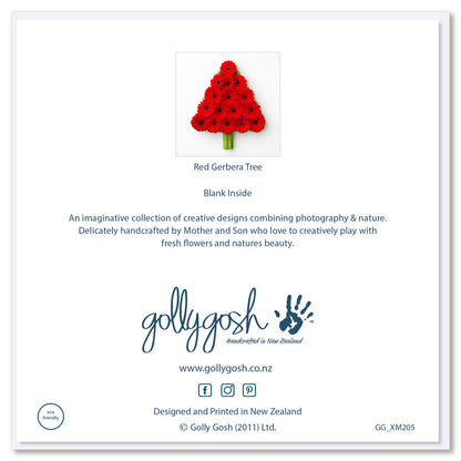 The back of a striking red gerbera Christmas tree greeting card on a white background, available at Golly Gosh Creations.Size 142 x 142mm.