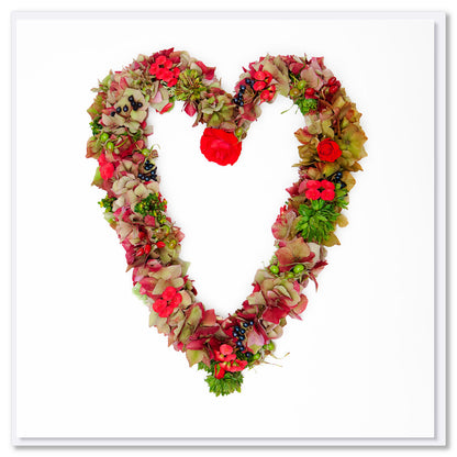 A red hydrangea heart from Golly Gosh Creations. Size 142 x 142 mm. A beautiful heart created from red hydrangea petals and green foliage.