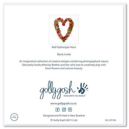 Back cover of a red hydrangea heart from Golly Gosh Creations. Size 142 x 142 mm. Created from red hydrangea petals and green foliage.