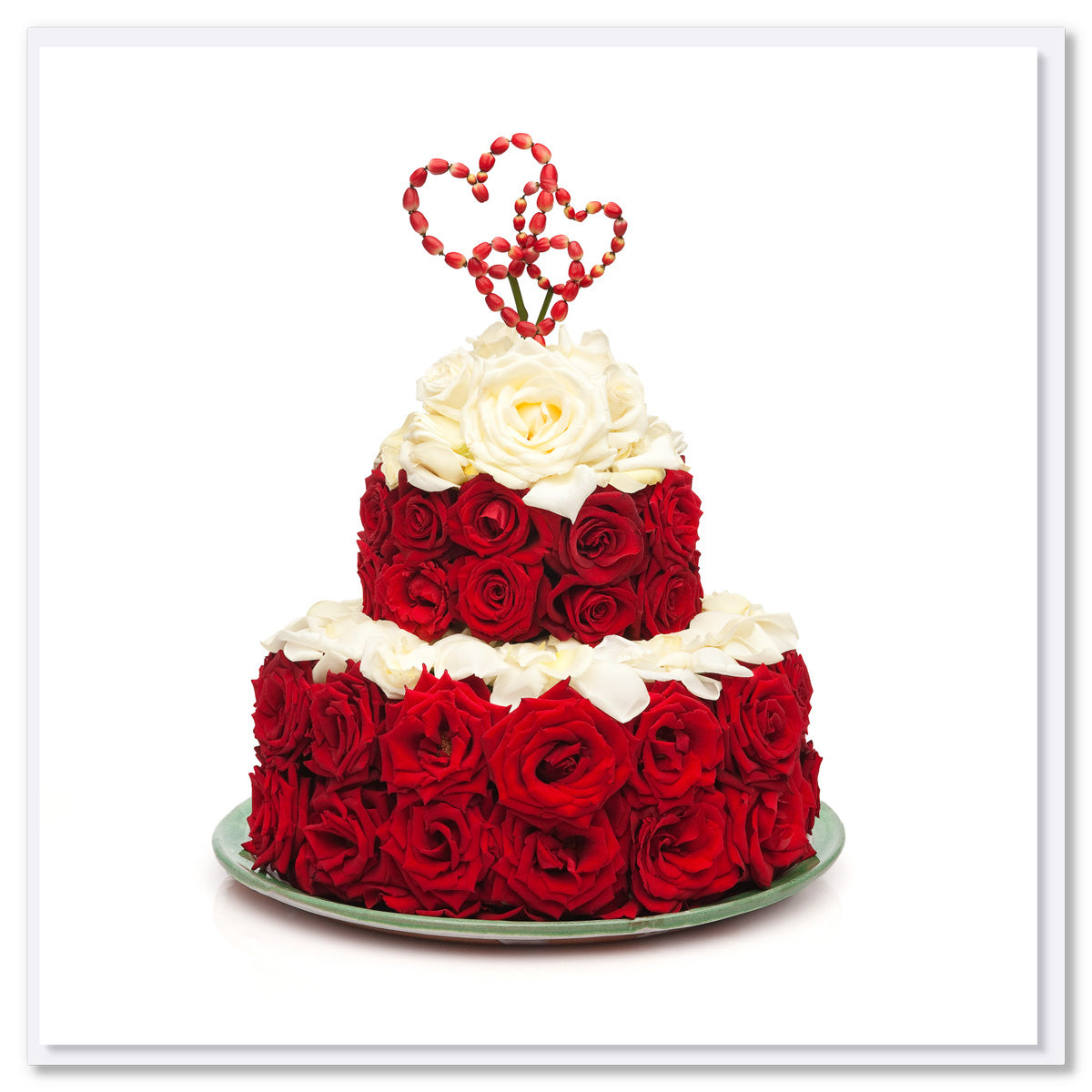 A red rose cake greeting card by Golly Gosh Creations. Size 142 x 142 mm. This card is teared with luscious red roses and pure white rose petals.