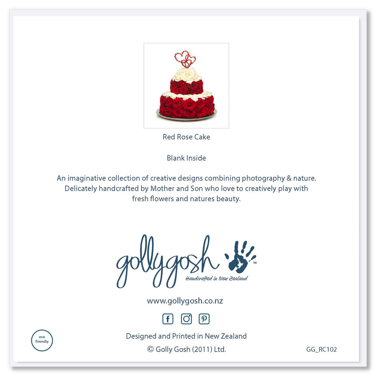 Back of a red rose cake greeting card from Golly Gosh Creations. Size 142 x 142 mm. This card is teared with luscious red roses and pure white rose petals. 