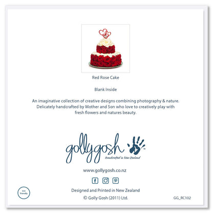 Back of a red rose cake greeting card from Golly Gosh Creations. Size 142 x 142 mm. This card is teared with luscious red roses and pure white rose petals. 