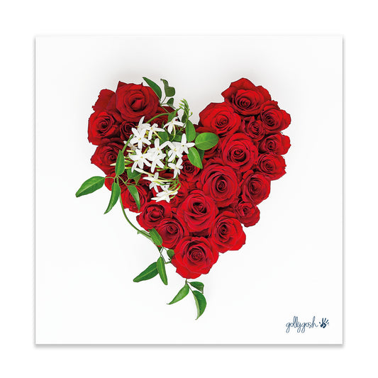 A red rose heart fine art print from Golly Gosh Creations. Crafted from vibrant roses.  Printed on quality white art paper. Three sizes available.