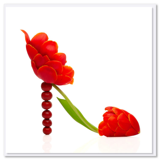 An elegant red tulip shoe greeting card from Golly Gosh Creations. Size 142 x 142 mm. Created from beautiful red tulip petals.