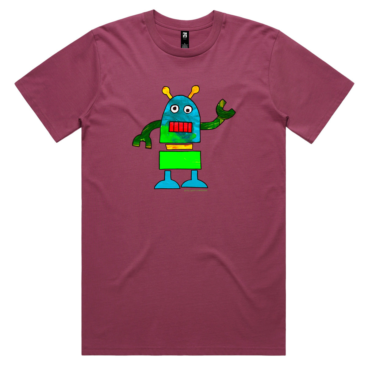 A colourful robot berry coloured men's tee shirt by Golly Gosh Creations. Sizes S - 5XL. A fun kids painting. Quality cotton.