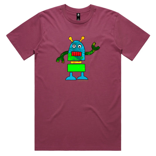 A colourful robot berry coloured men's tee shirt by Golly Gosh Creations. Sizes S - 5XL. A fun kids painting. Quality cotton.