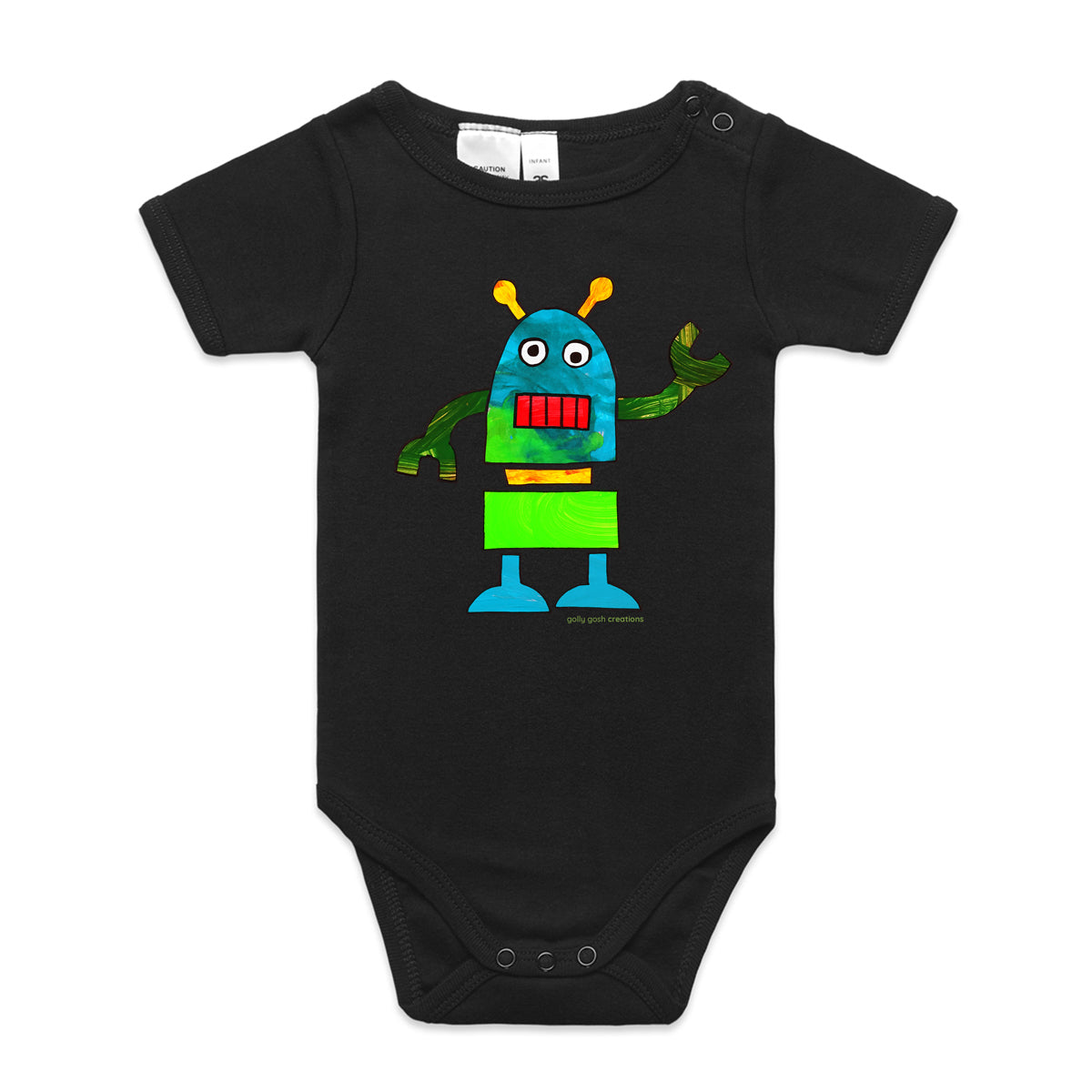 A robot babygrow from Golly Gosh Creations. A Colourful kids painting. This organic cotton garment comes in sizes 0 - 24 months. Colour black.  