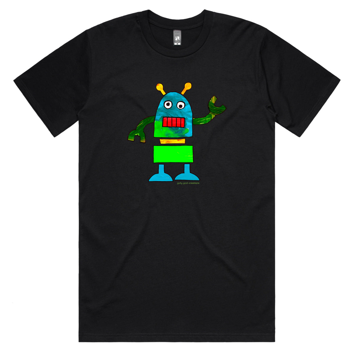 A colourful robot black men's tee shirt by Golly Gosh Creations. Sizes S - 5XL. A fun kids painting. Quality cotton.