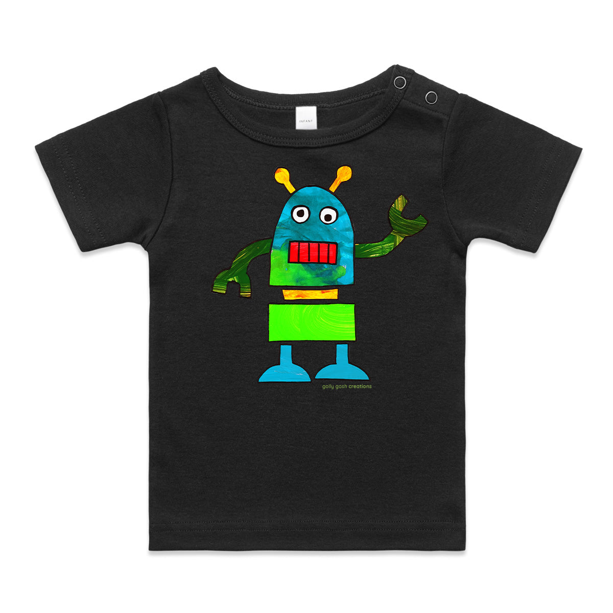 A robot wee tee from Golly Gosh Creations. A Colourful kids painting. This organic cotton garment comes in sizes 0 - 24 months. Colour black.  