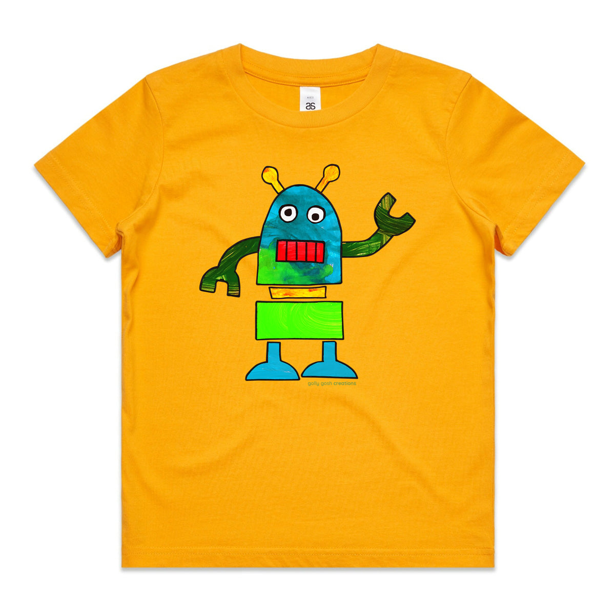 A colourful robot yellow kids tee shirt by Golly Gosh Creations. Size 2 - 16 years. A fun kids painting. Quality cotton.