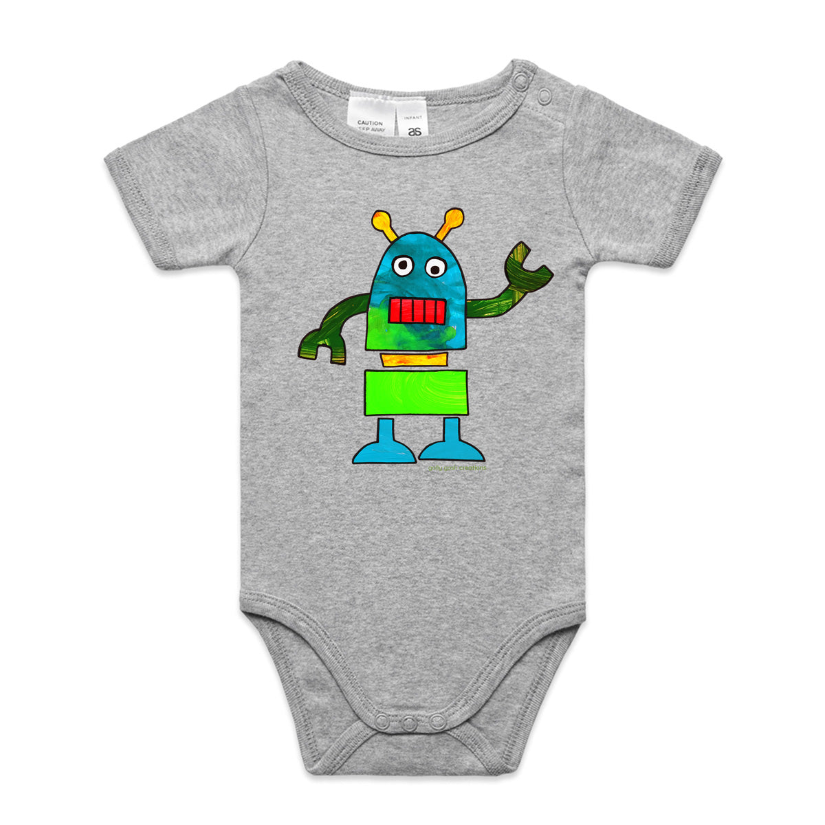 A robot babygrow from Golly Gosh Creations. A Colourful kids painting. This organic cotton garment comes in sizes 0 - 24 months. Colour grey.  