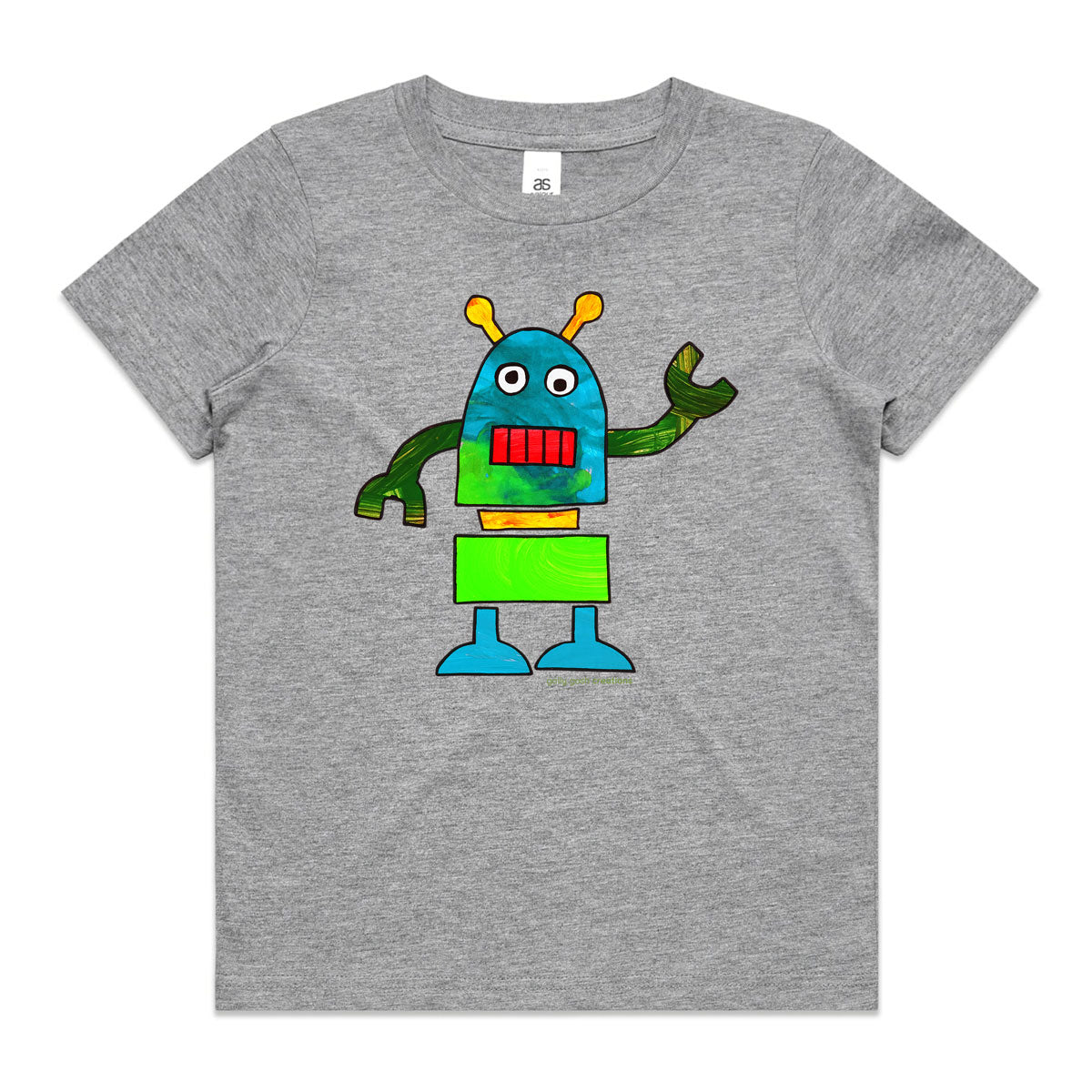 A colourful robot grey kids tee shirt by Golly Gosh Creations. Size 2 - 16 years. A fun kids painting. Quality cotton.