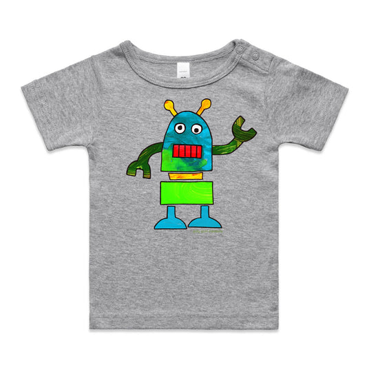 A robot wee tee from Golly Gosh Creations. A Colourful kids painting. This organic cotton garment comes in sizes 0 - 24 months. Colour grey.  