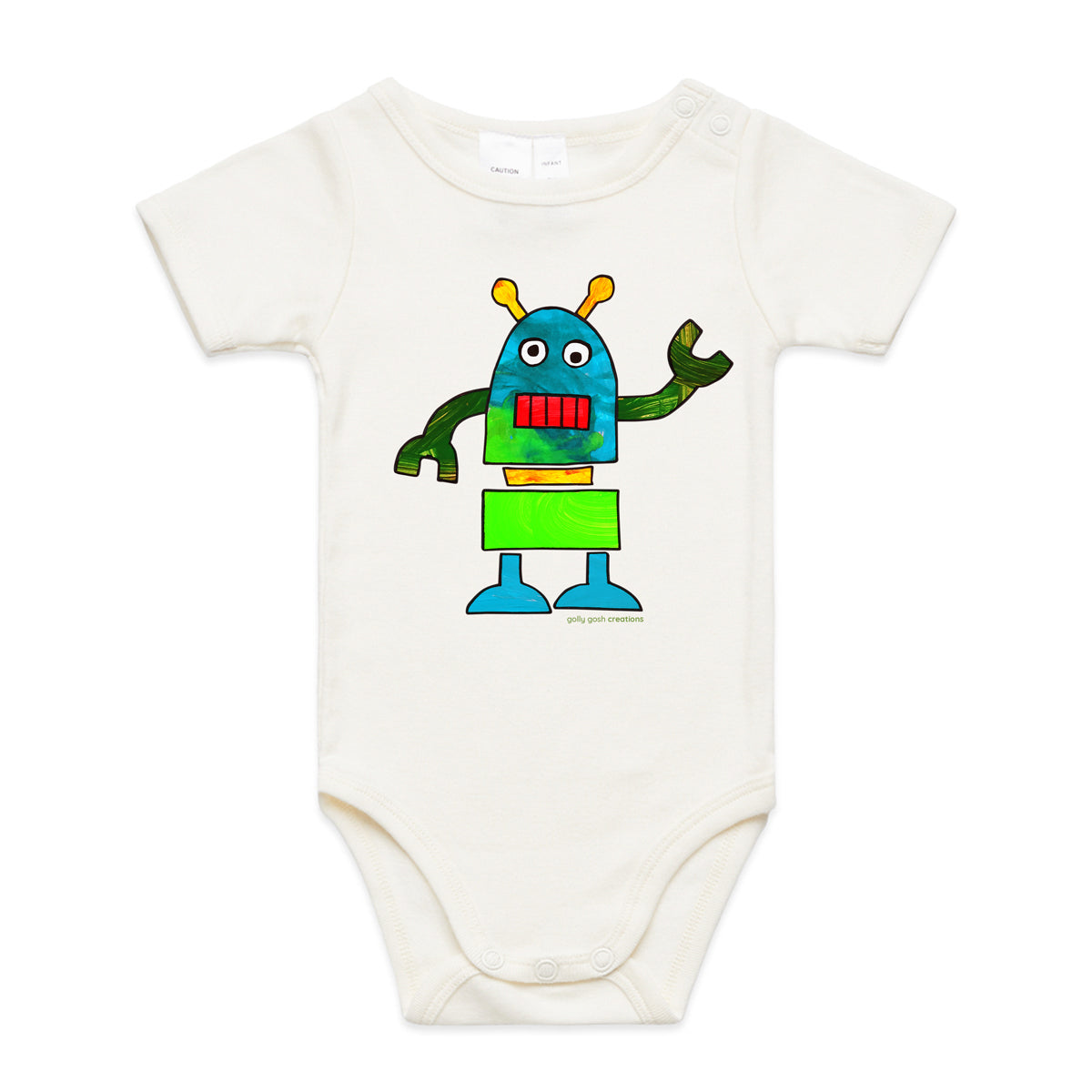 A robot babygrow from Golly Gosh Creations. A Colourful kids painting. This organic cotton garment comes in sizes 0 - 24 months. Colour natural.  