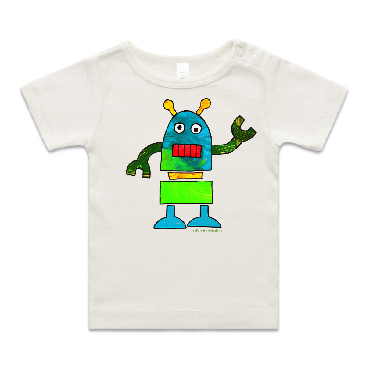 A robot wee tee from Golly Gosh Creations. A Colourful kids painting. This organic cotton garment comes in sizes 0 - 24 months. Colour natural.  