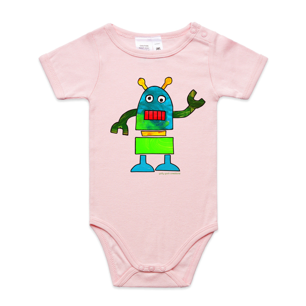 A robot babygrow from Golly Gosh Creations. A Colourful kids painting. This organic cotton garment comes in sizes 0 - 24 months. Colour pink.  