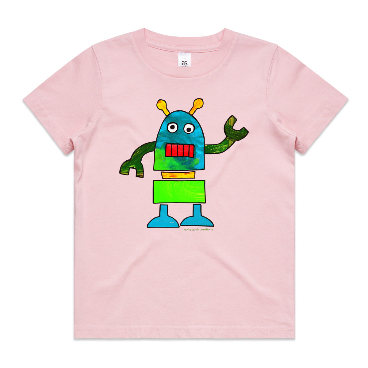 A colourful robot soft pink kids tee shirt by Golly Gosh Creations. Size 2 - 16 years. A fun kids painting. Quality cotton.