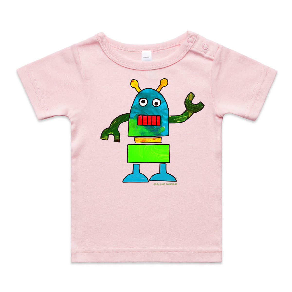 A robot wee tee from Golly Gosh Creations. A Colourful kids painting. This organic cotton garment comes in sizes 0 - 24 months. Colour pink.  