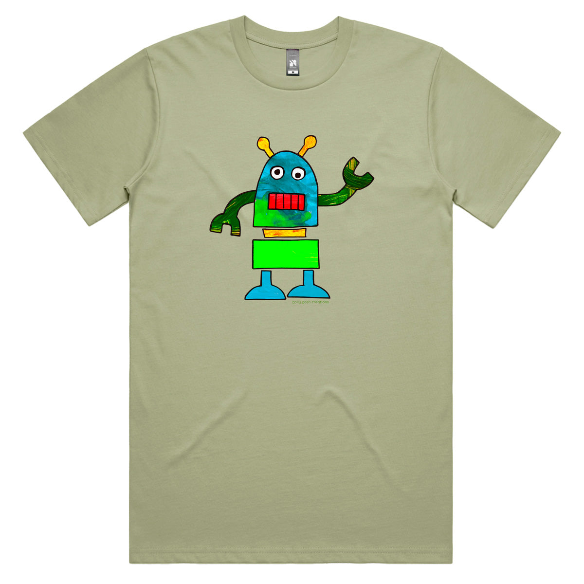 A colourful robot pistachio coloured men's tee shirt by Golly Gosh Creations. Sizes S - 5XL. A fun kids painting. Quality cotton.