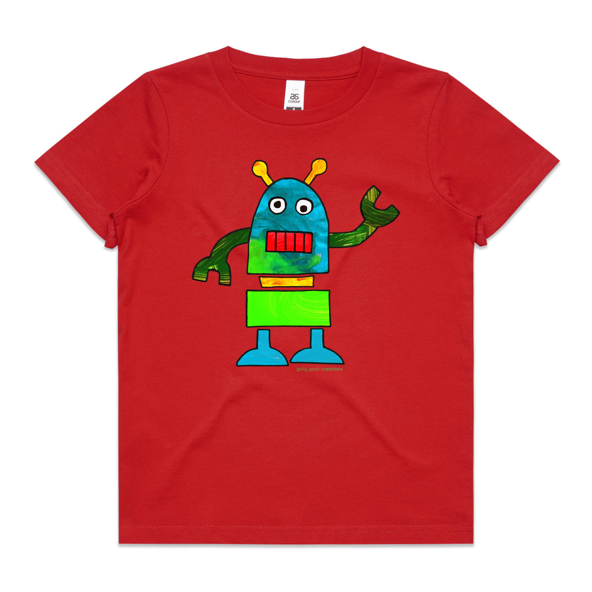 A colourful robot red kids tee shirt by Golly Gosh Creations. Size 2 - 16 years. A fun kids painting. Quality cotton.