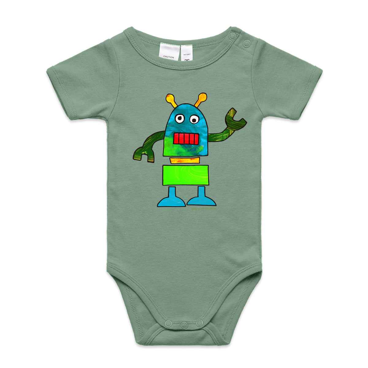 A robot babygrow from Golly Gosh Creations. A Colourful kids painting. This organic cotton garment comes in sizes 0 - 24 months. Colour sage.  