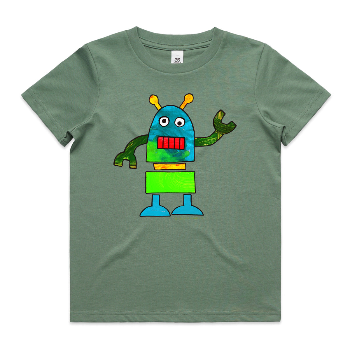 A colourful robot sage kids tee shirt by Golly Gosh Creations. Size 2 - 16 years. A fun kids painting. Quality cotton.