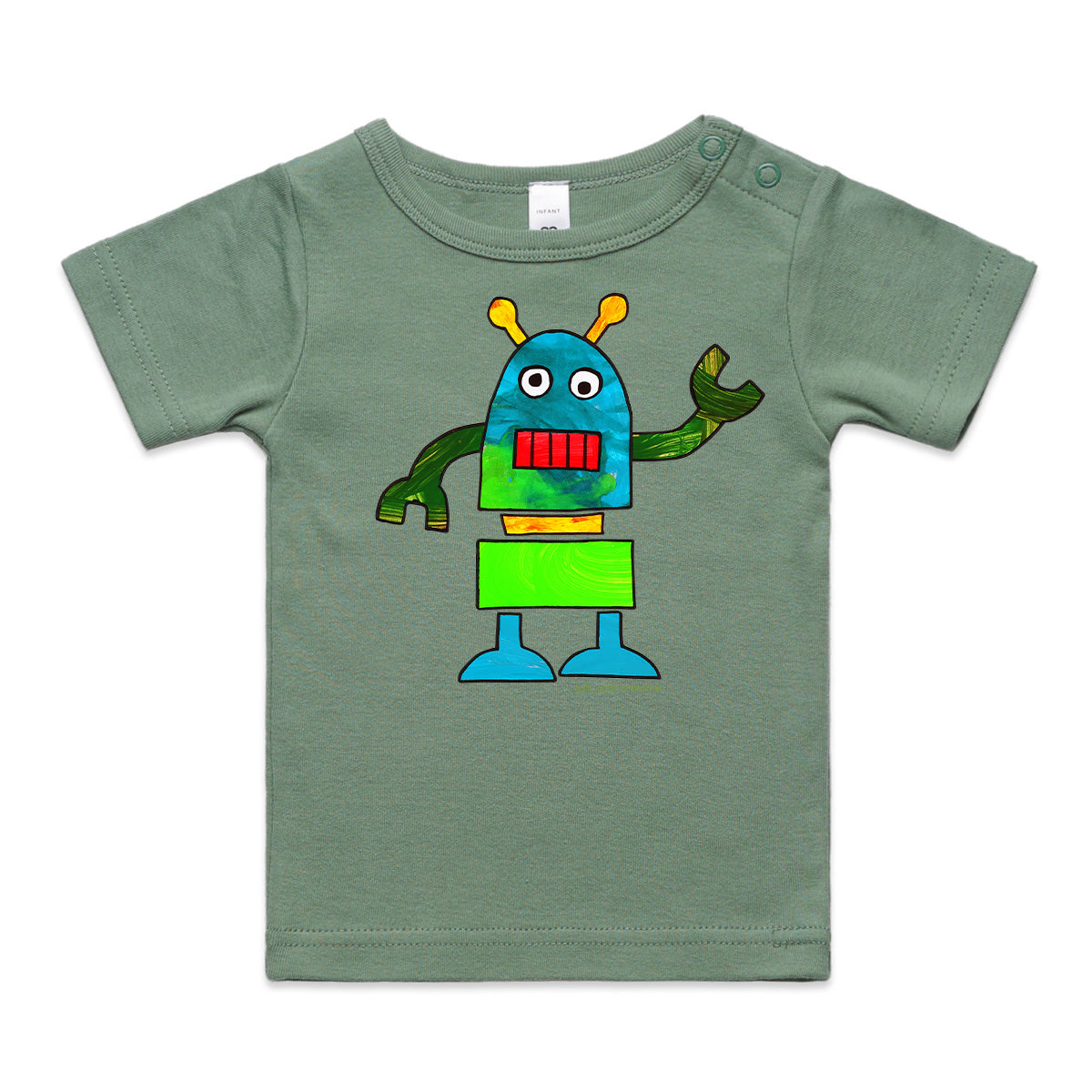 A robot wee tee from Golly Gosh Creations. A Colourful kids painting. This organic cotton garment comes in sizes 0 - 24 months. Colour sage.  