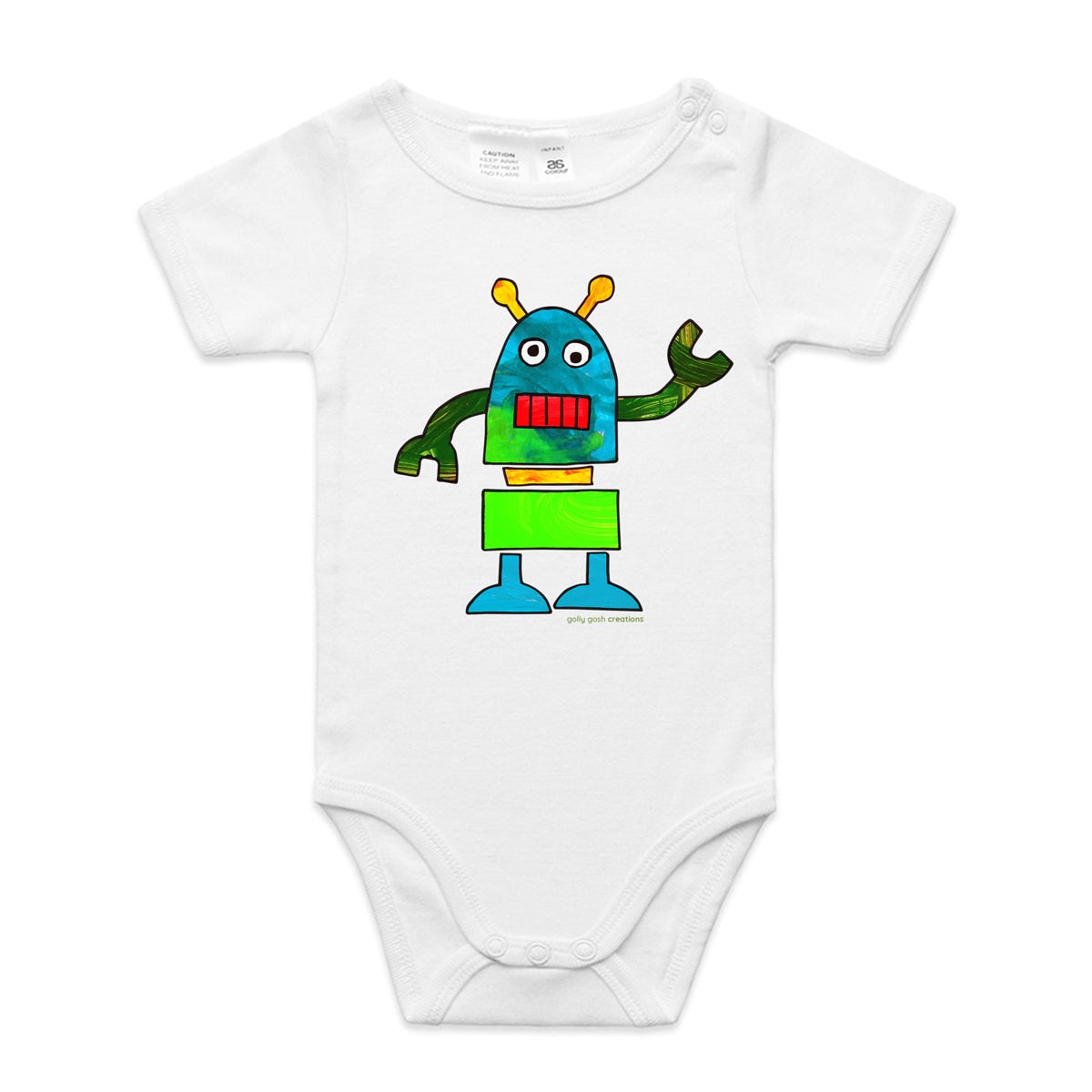 A robot babygrow from Golly Gosh Creations. A Colourful kids painting. This organic cotton garment comes in sizes 0 - 24 months. Colour white.  