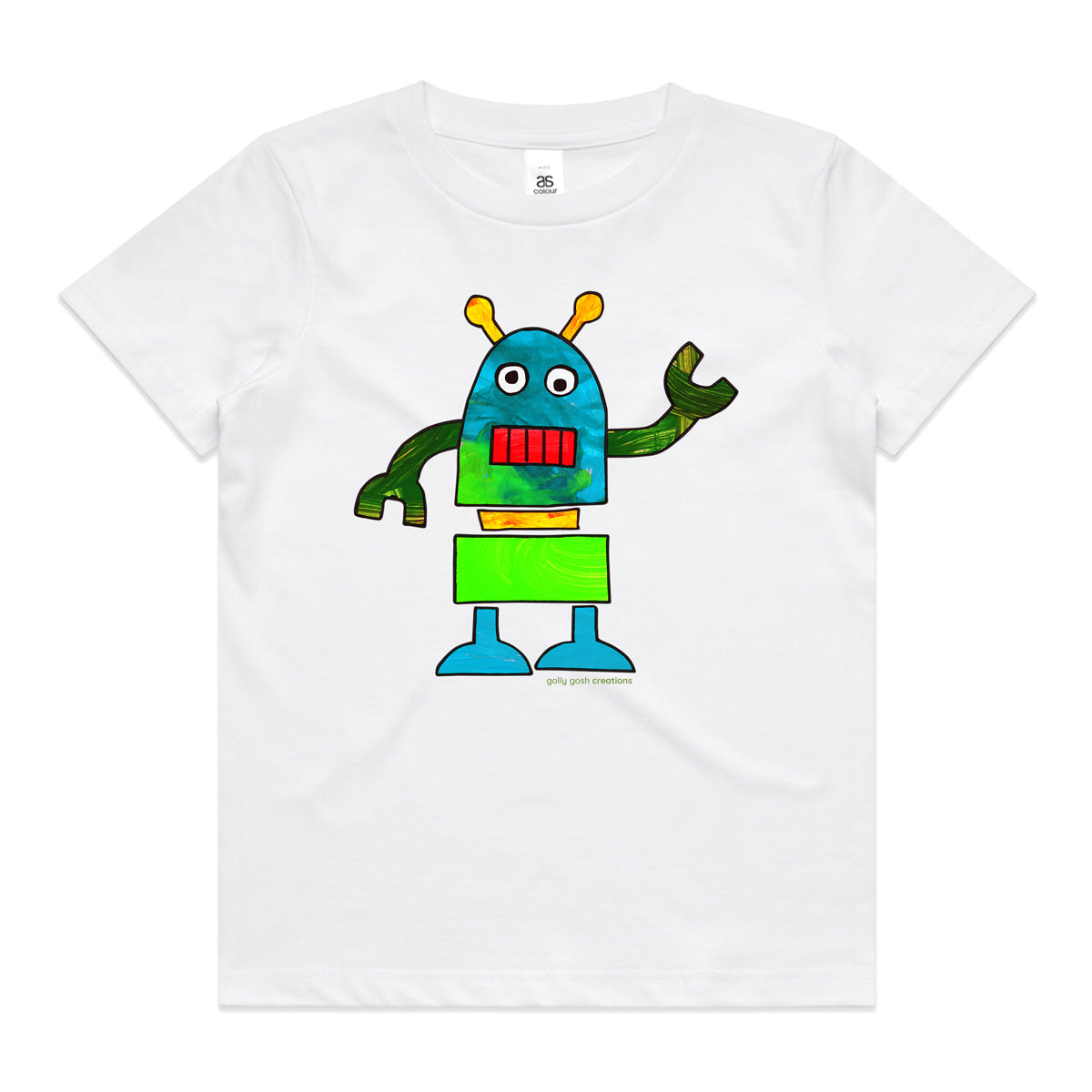 A colourful robot white kids tee shirt by Golly Gosh Creations. Size 2 - 16 years. A fun kids painting. Quality cotton.