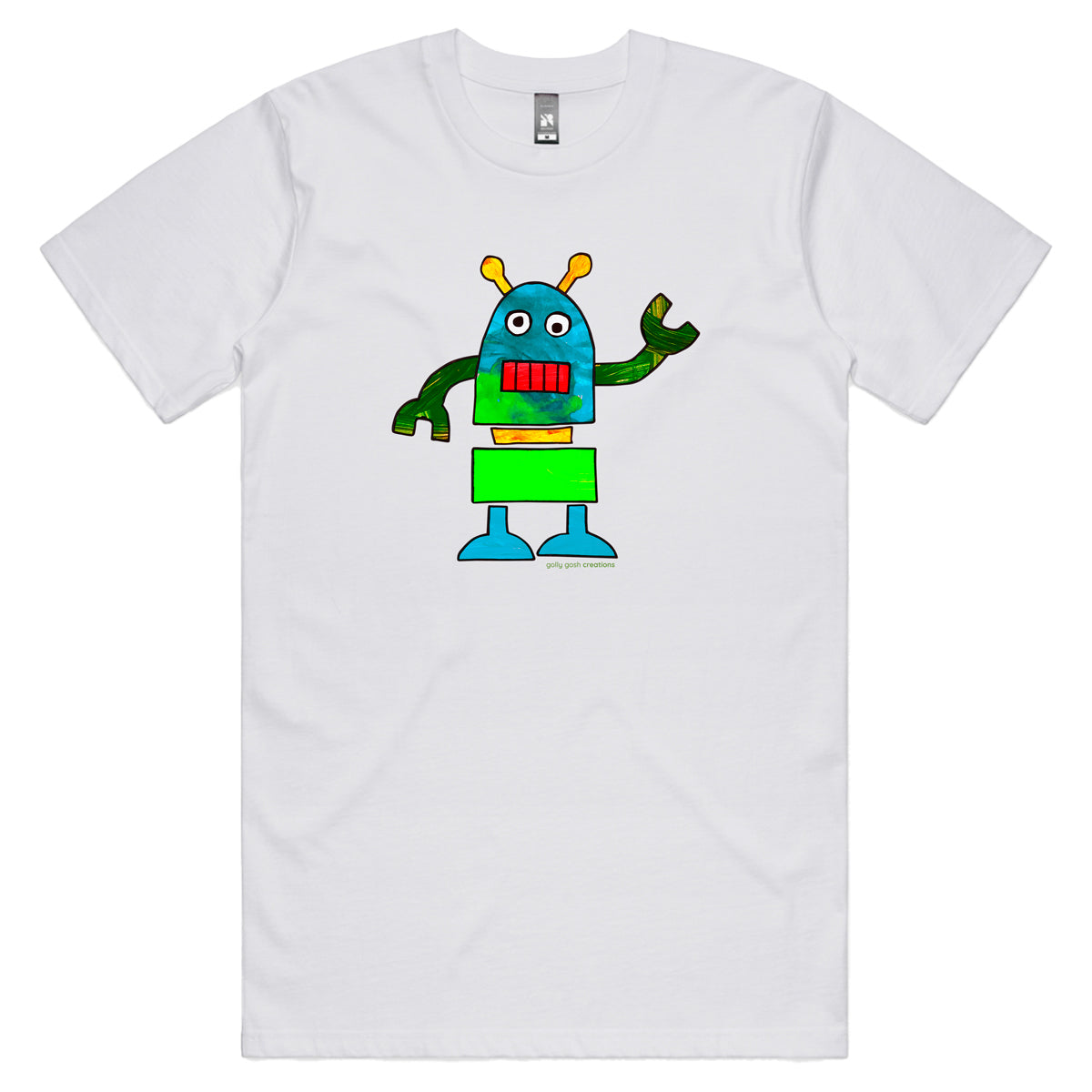 A colourful robot white men's tee shirt by Golly Gosh Creations. Sizes S - 5XL. A fun kids painting. Quality cotton.