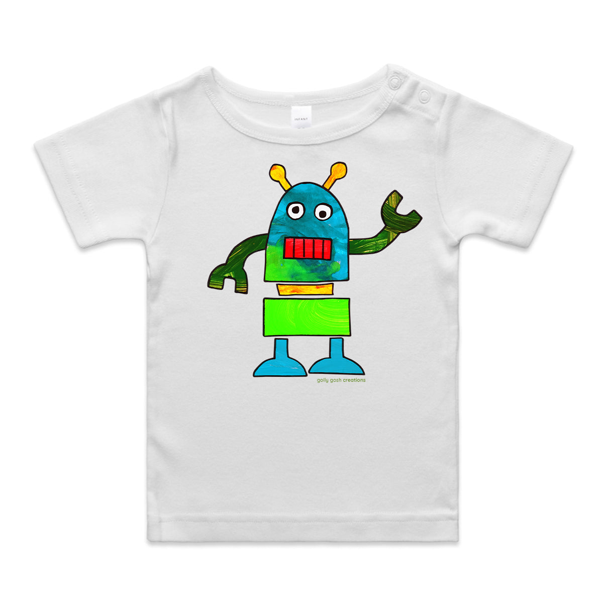 A robot wee tee from Golly Gosh Creations. A Colourful kids painting. This organic cotton garment comes in sizes 0 - 24 months. Colour white.  