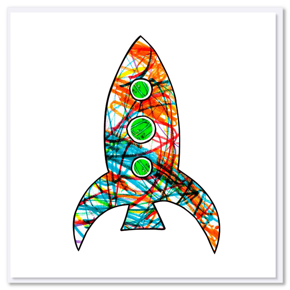 A colourful kids drawing of a rocket on a white background. Size 142 x 142mm. This quality greeting is card found at Golly Gosh Creations.